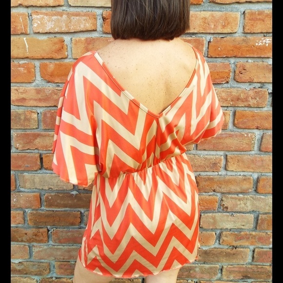 Chevron Zig Zag Print Batwing Dress Tan & Coral 96 - Picture 8 of 10